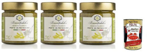 Brontedolci Pesto di Pistacchio Pistachio Pesto Cooking Sauce Pasta Sauce, Pistachio Cooking Sauce 3 x 190 g in Glass from Sicily with 55% Pistachios + Italian Gourmet Polpa 400g