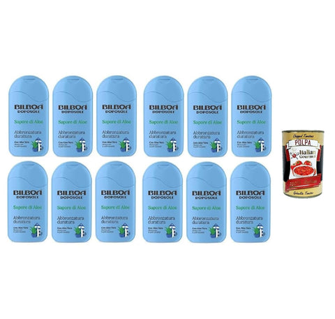 12 x Bilboa, Aftersun Cream Doposole Sapore di Aloe, Long-Lasting Tan with Aloe Vera, Music for Sensitive Skin, Dermatologically Tested - 200 ml + Italian Gourmet Polpa 400 g