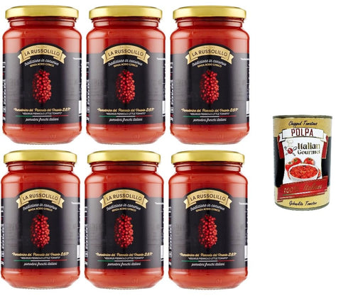 La Russolillo Cherry Tomato Piennolo del Vesuvio DOP in 360 g Glass + Italian Gourmet Polpa 400 g Pack of 6