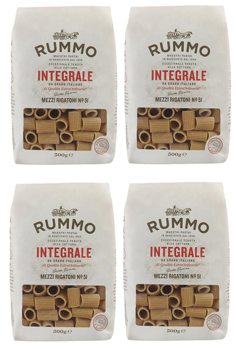 Rummo Pasta Integrale Mezzi Rigatoni N°51, Whole Grain Pasta, Italian Pasta, 500 g, Pack of 4