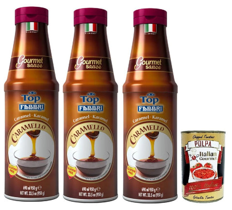 Fabbri Topping Caramello Sweet Caramel Sauce for Ice Cream, Desserts and Coffee 3 x 950 g Gluten-Free Ready-to-Use Sauce Dessert Sauces + Italian Gourmet Polpa 400 g