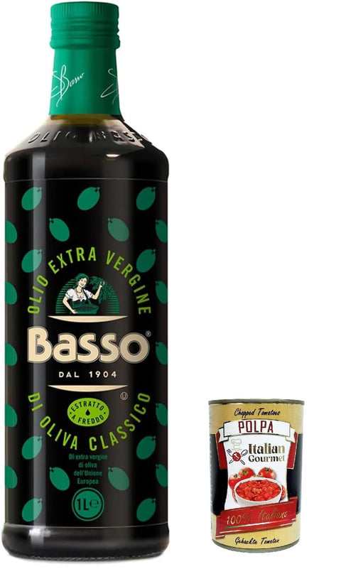 Basso Native Extra Virgin Olive Oil, Classic, Italian, Cold Pressed, 1 L, + Italian Gourmet Polpa 400g