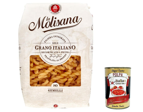 La Molisana Gemelli N. 80 Pasta Lenta Lavorazione Pasta Made of Durum Wheat Semolina Bronze Drawing 500 g + Italian Gourmet Polpa 400 g Pack of 20