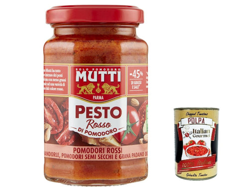 12 x Mutti Pesto Rosso Pomodori Rossi Red Tomato Pesto Pasta Sauce 100% Italian Tomato Jar 180 g Seasoning Sauces with Almonds, Tomatoes, Dried Seeds and Grana Padano + Italian Gourmet Polpa 400 g