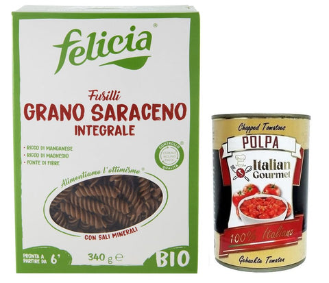 Felicia Fusilli di Grano Saraceno Integrale, Pasta with 100% Organic Buckwheat, Organic and Natural Gluten Free, Pack of 340 g + Italian Gourmet Polpa di Pomodoro 400 g Tin