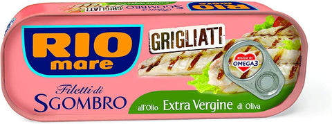 Rio Mare Filetti di Sgombro Grigliati all'Olio Extra Vergine di Oliva Grilled Mackerel Fillets with Extra Virgin Olive Oil 120 g Rich in Omega 3