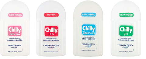 Chilly Test Pack 4 x 200 ml Intimate Cleanser Cleaner for Intimate Hygiene with Anti-Odour Molecule - Gentle and Soothing Formula - PH 5, 200 ml + Italian Gourmet Polpa