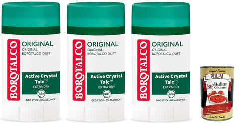 Borotalco Original Deodorant Stick, 48 Hour Effectiveness, Formula with Active Crystal Talc for Triple Protection Against Sweat, 0% Alcohol Deodorant, 3 x 40 ml + Italian Gourmet Polpa 400 g