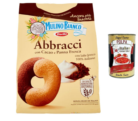 6 x Mulino Bianco Abbracci Shortbread Biscuits with Cocoa and Fresh Cream, No Palm Oil, Taste-Intensive Breakfast, 700 g + Italian Gourmet Polpa 400 g