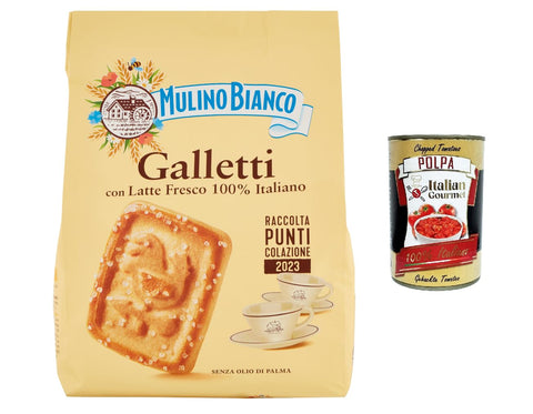 3 x Mulino Bianco Galletti Biscuits with 100% Italian Fresh Milk 800 g Biscuits Cookie + Italian Gourmet Polpa 400 g