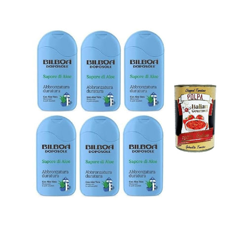 6 x Bilboa, Aftersun Cream Doposole Sapore di Aloe, Long-Lasting Tan with Aloe Vera, Music for Sensitive Skin, Dermatologically Tested - 200 ml + Italian Gourmet Polpa 400 g