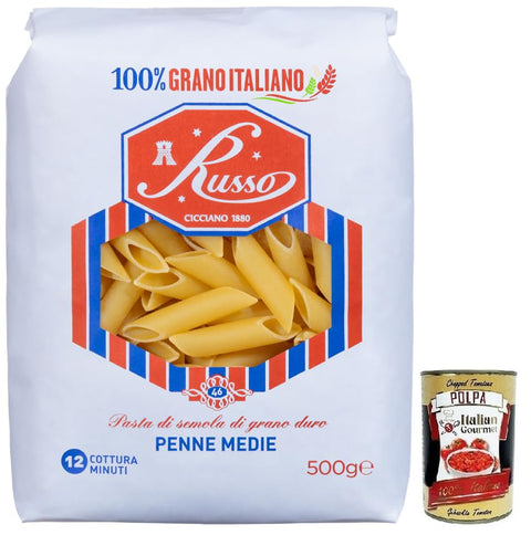 Russo Penne Medie N°46 Durum Wheat Semolina Pasta, 100% Italian Wheat, 500 g Pack + Italian Gourmet Polpa di Pomodoro 400 g Tin