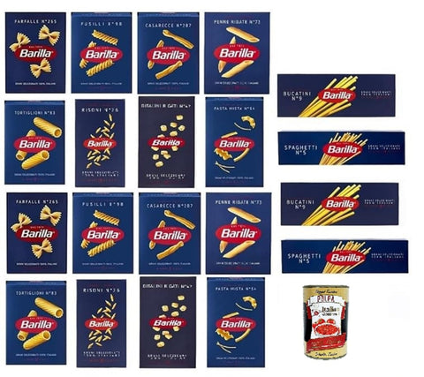 Barilla Pasta XXL Mix 20 x 500 g (Farfalle, Fusilli, Casarecce, Penne Rigate, Spaghetti N.5, Tortiglioni, Risoni, Ditalini Rigati, Pasta Mista, Bucatini) + Italian Gourmet Polpa - Family Supply