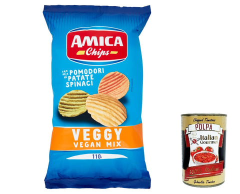 10 x Amica Chips Veggy Vegan Mix with Mix di Pomodori Patate Spinaci, Chips with a Mixture of Tomatoes, Potatoes, Spinach, 110 g + Italian Gourmet Polpa 400 g