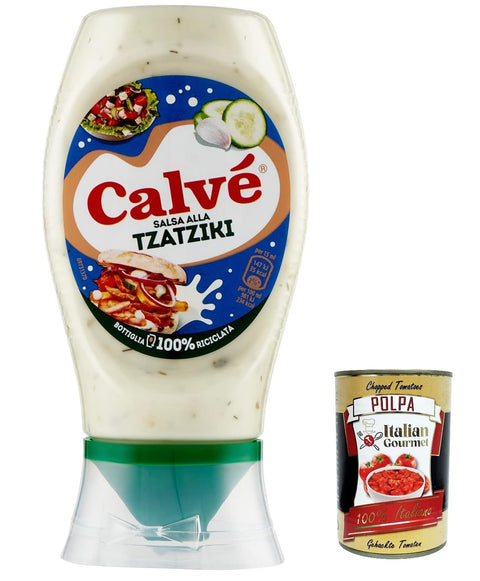 6 x Calvé Tzaziki Sauce, Cucumber and Garlic Based, Gluten-Free, Vegan, 250 ml + Italian Gourmet Polpa 400 g