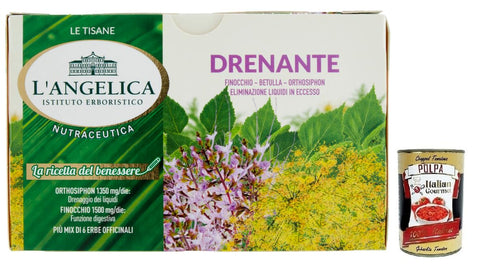 L'Angelica Tisana Drenante Hot Herbal Teas to Eliminate Excess Liquids, Pack of 20 Filters + Italian Gourmet Polpa di Pomodoro 400 g Tin