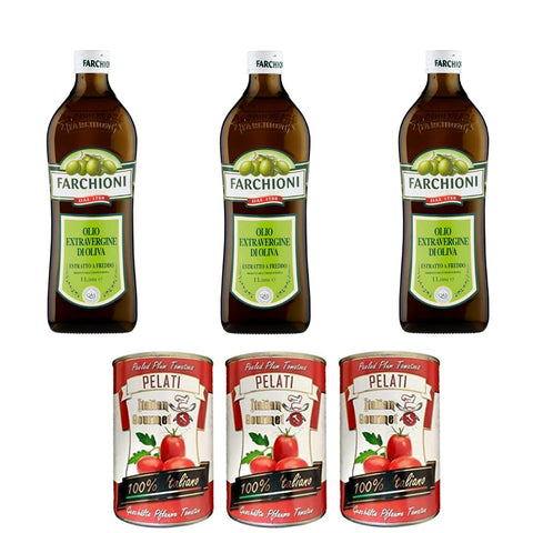 3 x Farchioni Classico Extra Virgin Virgin Olive Oil 1000 ml Olive Olive Oil 1 Litre + Italian Gourmet 100% Italian Peeled Tomato Tins 3 x 400 g