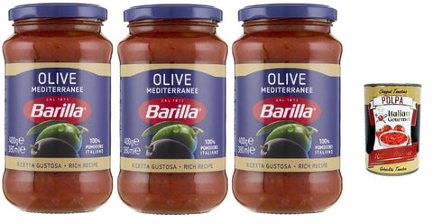 Barilla Olive Mediterranee Pasta Sauce - 3 x 400g (1.2kg) | Tomatoes & Green/Black Olives - Fruity Savoury, Ready to Serve, No Preservatives + Italian Gourmet Polpa