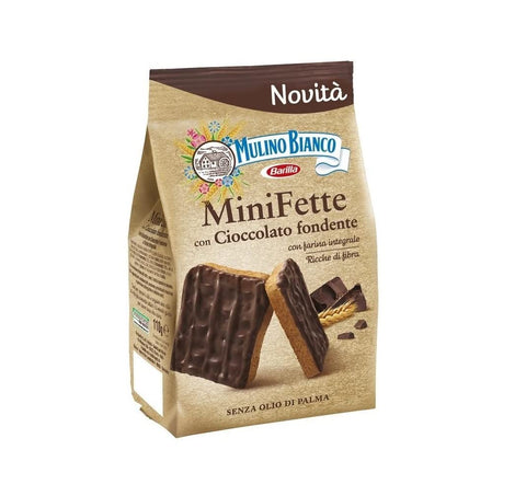 Mulino Bianco Mini fats with cioccolato fondente e farina integral rusks with dark chocolate and whole grain flour biscuits baked bread biscuits 110 g without palm oil