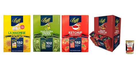 Biffi Italian Sauces Set, Mayonnaise 132 Pieces, Olive Oil 102 Pieces, Ketchup 132 Pieces, BBQ Sauce 132 Pieces, Disposable Portion Packs + Italian Gourmet Polpa 400 g
