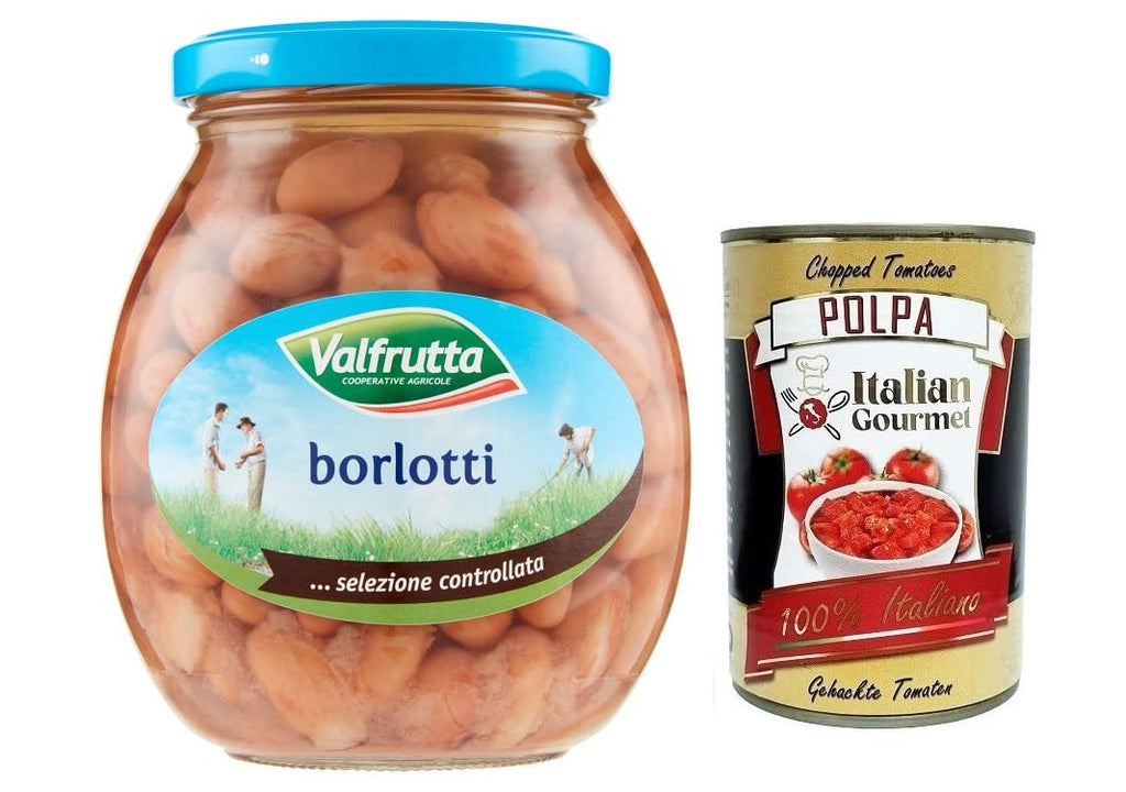 6 x Valfrutta Fagioli Borlotti, Italian Borlotti Beans, Legume Vegetable Boiled Beans, Glass 360 g + Italian Gourmet Polpa di Pomodoro 400 g Tin
