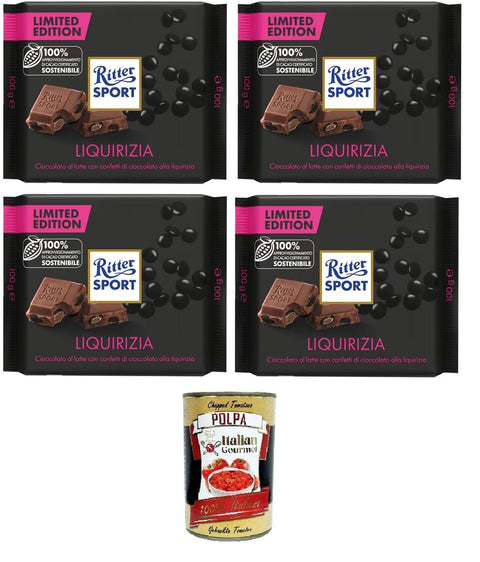 Liquirizia, Limited Edition Milk Chocolate with Liquorice Pieces, 100% Sustainable Cocoa, 4 Packs 100 g + Italian Gourmet Polpa 400 g