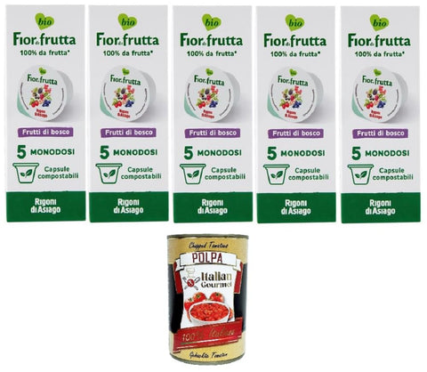 Rigoni di Asiago Fior di Frutta Confettura Frutti di Bosco 5 Monodosi Fior di Frutta Wild Berry Jam 5 Single Cans 5 x 100 g + Italian Gourmet Polpa di Pomodoro 400 g