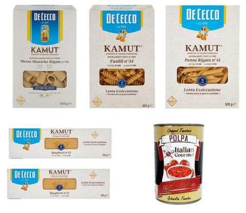 De Cecco Noodles Test Pack Kamut Brand of Khorasan Wheat 5x 500g + Italian Gourmet Polpa 400g