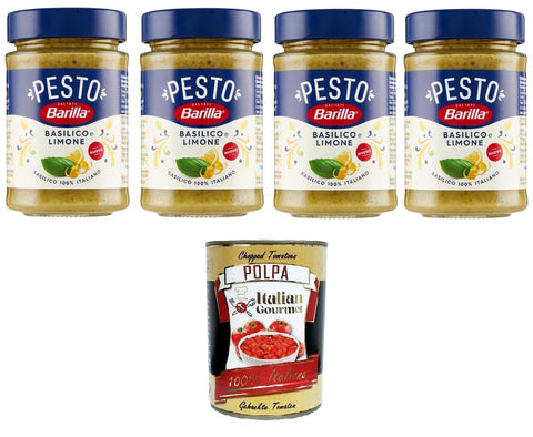 Barilla Pesto Basilico e Limone Condimento e Sugo per Pasta Basil Lemon Pesto Spice and Pasta Sauce 4 x 190 g + Italian Gourmet Polpa 400 g