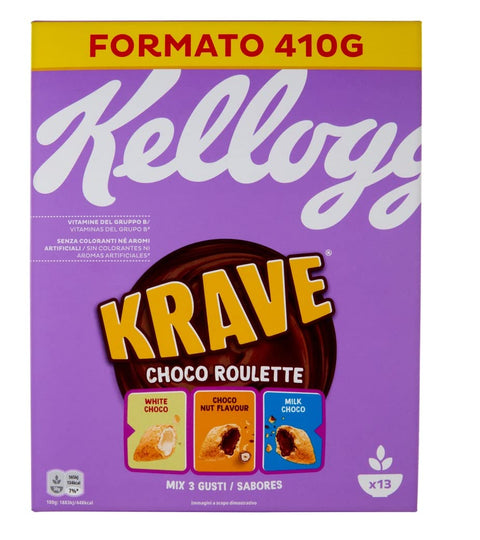 3x Kellogg's Krave Choco Roulette Cereal Wheat, Oat and Rice Bundles with Milk Chocolate Filling 410 g