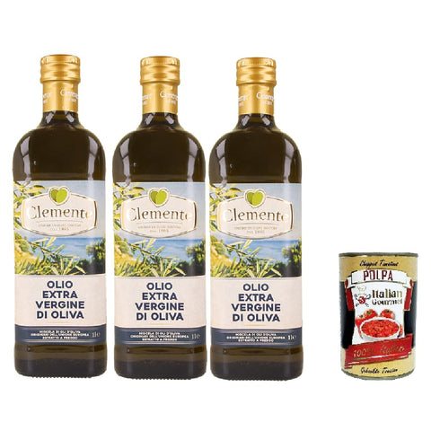Clemtente, Olio extra virgin di oliva premium, cold pressed virgin olive oil extra 3 x 1 l + Italian gourmet polpa 400 g