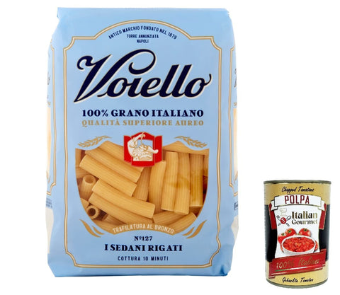 Voiello Pasta Sedani Rigati Pasta 100% Italian N 127 500g + Italian Gourmet Polpa 400g Pack of 10