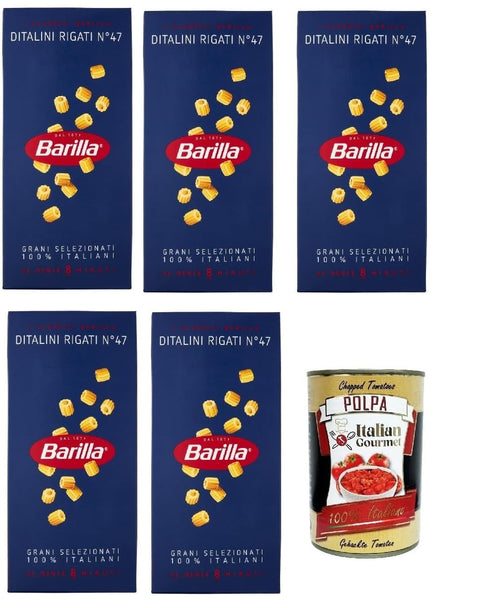 5 x Pasta Barilla Ditalini Rigati No. 47 Italian Noodles 500 g Pack + Italian Gourmet Polpa 400 g