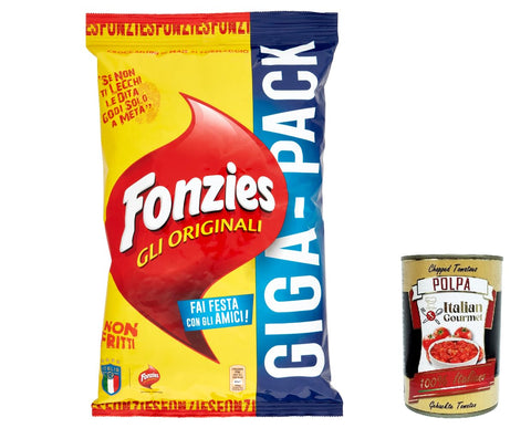 3 x Fonzies Gli Originali, Corn Croccantini with Cheese, Oven Baked, Crisps Chips 280 g + Itlaian Gourmet Polpa 400 g