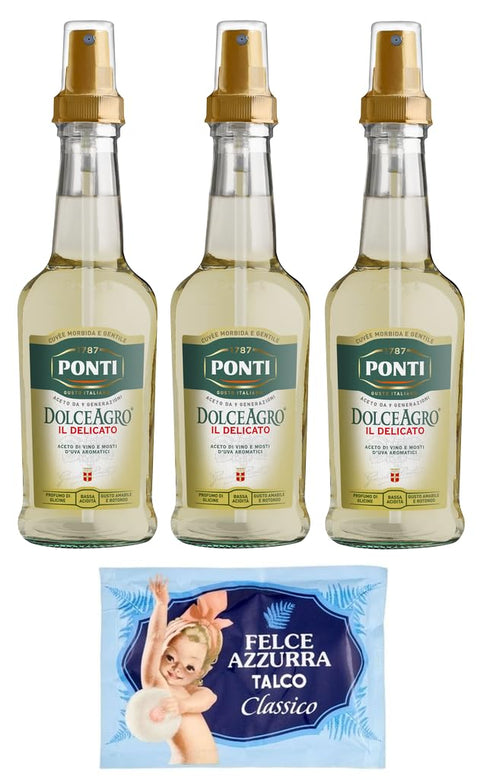 Ponti Vinegar Dolceagro Il Delicato Spray Wine Vinegar and Aromatic Grape Must, 250 ml Glass Bottle + 1 Pack Free Felce Azzurra Talcum Powder, 100 g Bag