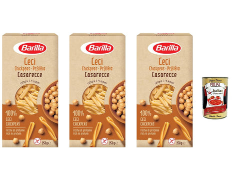 Barilla Casarecce Made from 100% Chickpeas 3 x 250 g - Protein-rich, Gluten-Free, Cooking Time 7-9 Minutes, Legume Pasta with Perfect Sauce Binding + Italian Gourmet Polpa