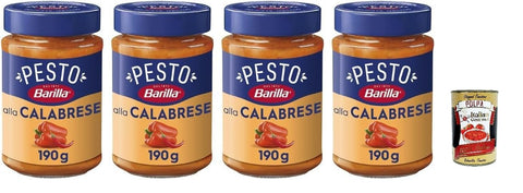 Barilla Pesto alla Calabrese, Italian Pasta Sauce, 190 g, Pack of 4, with Peppers and Cheese, Gluten Free, + Italian Gourmet Polpa 400 g