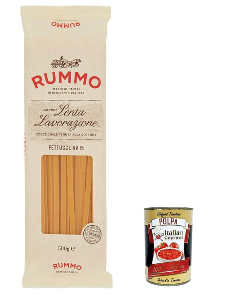 Rummo Fettucce n.15 Pasta Lenta Lavorazione Pasta Made of Durum Wheat Semolina Bronze Drawing 500 g + Italian Gourmet Polpa 400 g Pack of 10