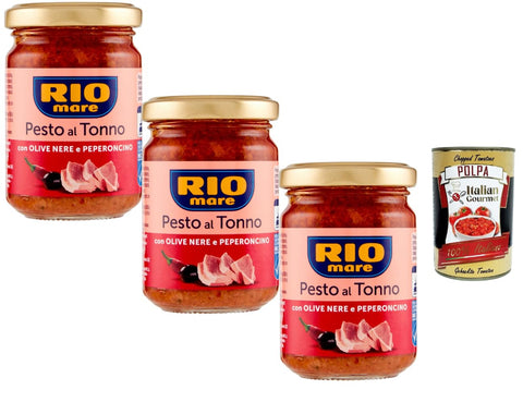 Rio Mare Pesto al Tonno with Black Olives and Peperoncino 3 x 130 g Spicy Tuna Pasta Sauce from Italy Storage Pack + Italian Gourmet Polpa