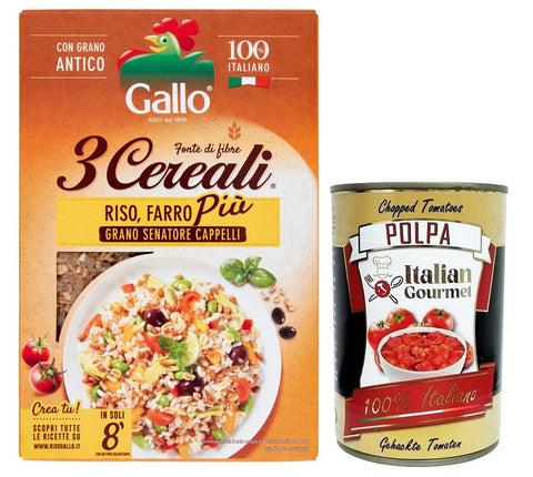 Riso Gallo 3 Cereali Mix of Rice, Spelt and Wheat Senatore Cappelli, 100% Italian Rice Ideal for Soups and Risottos 400g Pack + Italian Gourmet Polpa di Pomodoro 400g Tin