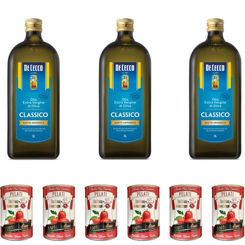 De Cecco Classico Extra Virgin Olive Oil Extra Olio Extra Vergine 1 Litre Virgin + Italian Gourmet 100% Italian Peeled Tomato Tins 6 x 400 g