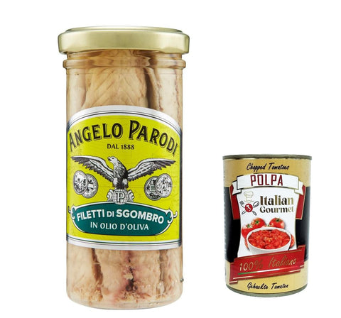 3 x Angelo Parodi Filetti Di Sgombro In Olio D'oliva in vetro, mackerel fillets in olive oil in glass 150 g + Itlaian Gourmet polpa 400 g