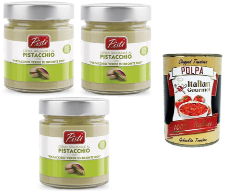 Pistì Crema Spalmabile al Pistacchio con "Pistacchio Verde di Bronte Dop" Pistachio Spread Cream with "Green Pistachios of Bronte Dop" 3 x 200 g + Italian Gourmet Polpa 400 g