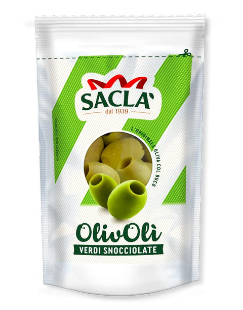 Saclà OlivOli Olive Verdi Snocciolate Pitted Green Olives Ideal for Aperitifs, Salads and Enriching Your Dishes 185 g Bag (85 g Drained)