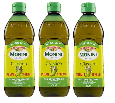 3 x Monini Classico Premi e Spremi Olio Extra Vergine di Oliva Squeeze Virgin Olive Oil Extra PET 450 ml