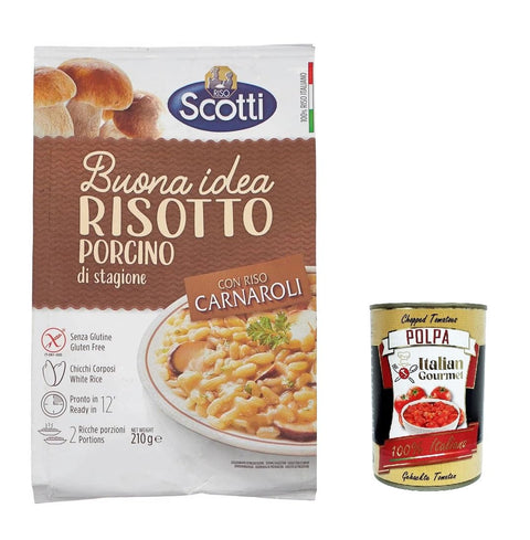 3 x Riso Scotti Seasonal Porcino Risotto Mushroom Gluten Free Carnaroli Rice - 210 g + Italian Gourmet Polpa 400 g