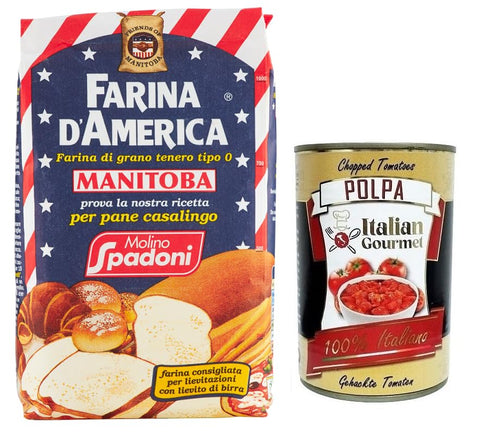 Molino Spadoni Farina Flour Type 0 American Type Manitoba, Ideal for Bread, Pizza, Focaccia, Cakes, Biscuits and Desserts, 1 kg + Italian Gourmet Polpa di Pomodoro 400 g Tin