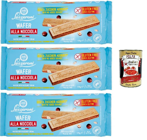 Lazzaroni Wafer alla Nocciola Senza Glutine Glutine Hazelnut Wafers 3 x 175 g + Italian Gourmet Polpa 400 g