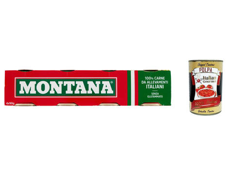 Montana Carne Classica Beef in Aspic Tin 4 x 90 g 100% Italian Meat + Italian Gourmet Polpa 400 g Pack of 6