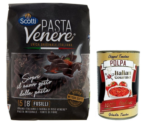 Riso Scotti Pasta Venere Fusilli, Pasta from Durum Wheat Semolina and Black Venere Whole Grain Rice Flour, Pack of 400 g + Italian Gourmet Polpa di Pomodoro 400 g Tin